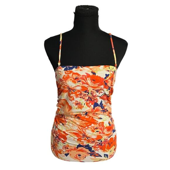 Maeve by Anthropologie Tops - Maeve by Anthropologie Vibrant Orange and Blue Floral Print Ruched Tank Size M